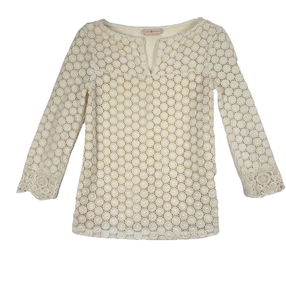 Tory Burch Ivory Crochet Lace Tunic Coquette Elegant Resort Wear Boho Lined S
